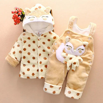 Baby Girls Adorable 2Pc Winter Plush Hooded Sweater Jacket and Soft Overalls Combo.